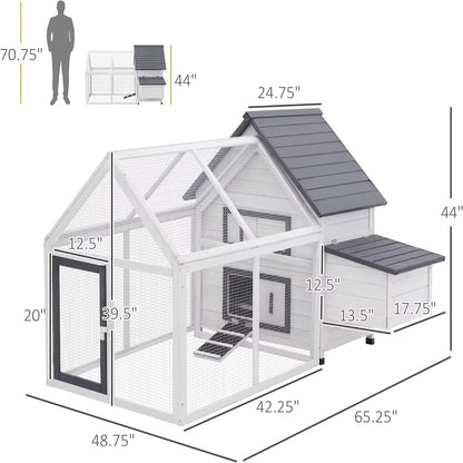 65" Chicken Coop Wooden with Detachable Run, Outdoor Chicken House Poultry Cage Hen with Nesting Box, Removable Tray,