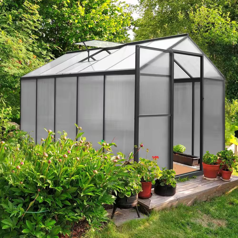 6 Ft. W X 10 Ft. D Polycarbonate Greenhouse for Outdoors, Green House Kit with Adjustable Roof Vent, Gray
