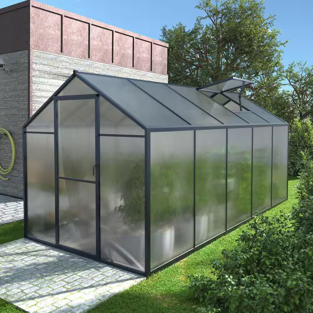 6 Ft. W X 10 Ft. D Polycarbonate Greenhouse for Outdoors, Green House Kit with Adjustable Roof Vent, Gray